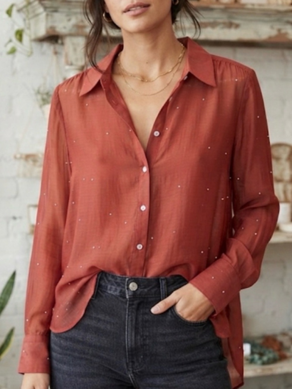 Bailey 44 Rust Color Button-Down Rhinestone Blouse